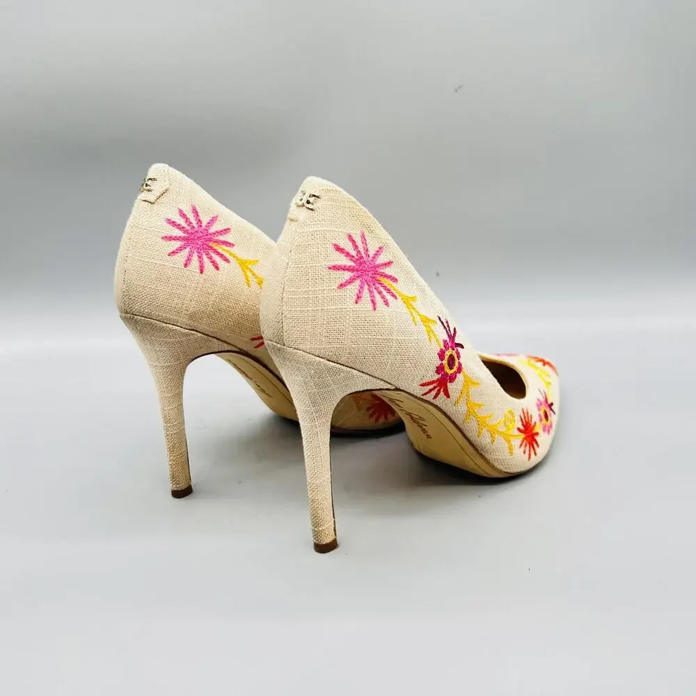 Sam Edelman Shoes Womens 8.5 Beige Hazel Linen Floral Embroidered Stiletto Pumps